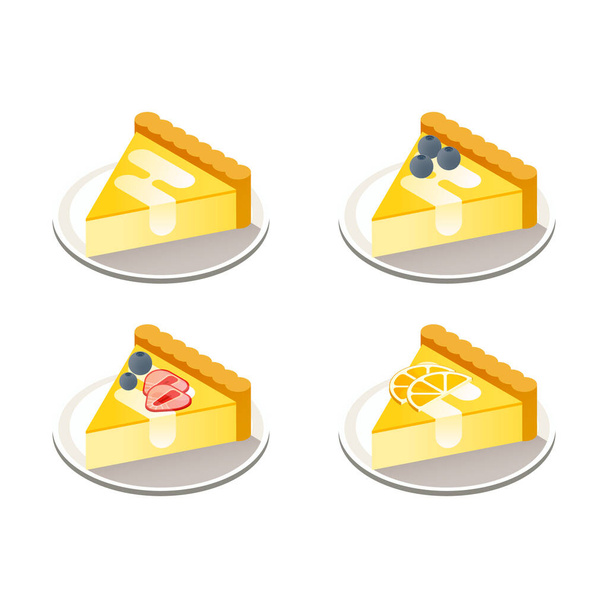 Vector Illustration of Isometric Pieces of Cheesecakes with Sliced Orange, Blueberry, Sliced Strawberry Isolated on White Background. Kleurrijk. Cafe, Restaurant Menu Ontwerp Concept. - Vector, afbeelding