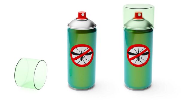 Spray de mosquito. Protecção dos insectos. lata de metal aerossol de cor verde. isolado em fundo branco. Renderização 3d - Foto, Imagem