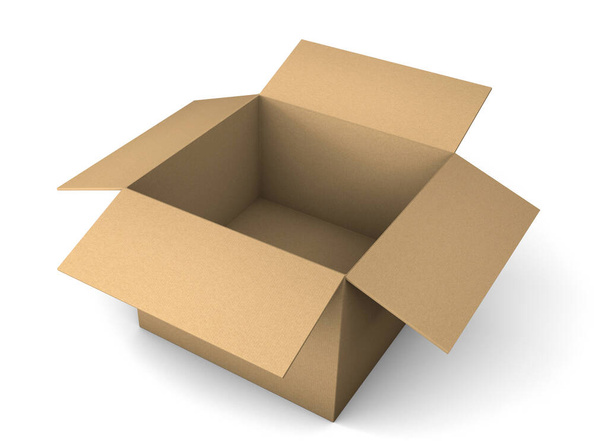 Caixa de papelão aberta para entrega. isolado em fundo branco. Renderização 3d - Foto, Imagem