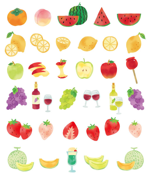 toque casual aquarela toque fruta ícone ilustração conjunto - Foto, Imagem