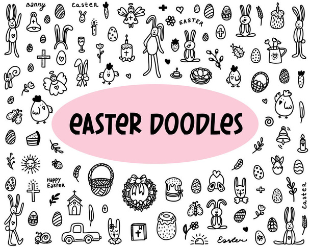  Eine Reihe von niedlichen Osterkritzeleien. Osterhasen, Hühner, Eier usw. Handgezeichnete Vektorillustration im Doodle-Stil - Vektor, Bild