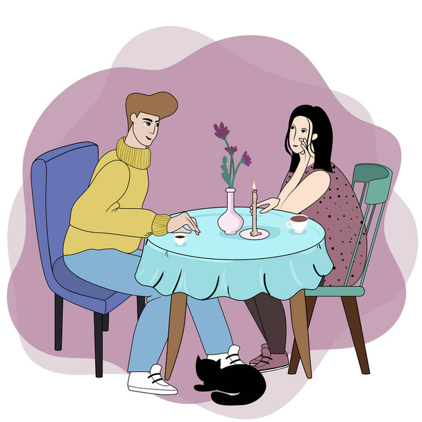 Casal de desenhos animados desfrutar de data romântica. Homem e mulher bebem café juntos. Homem e mulher felizes sentados à mesa e se comunicam no café. alegre masculino e feminino sentimento amor - Vetor, Imagem