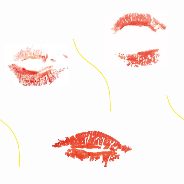 vector pattern, realistic lipstick vectorised and blond single hair in a repeating pattern on white background. Perfect for fabric for a hemd. - Vector, Image