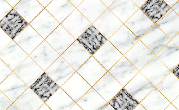 Azulejos de piedra, textura blanca con fondo de mármol negro, líneas doradas - Ilustración vectorial - Vector, imagen