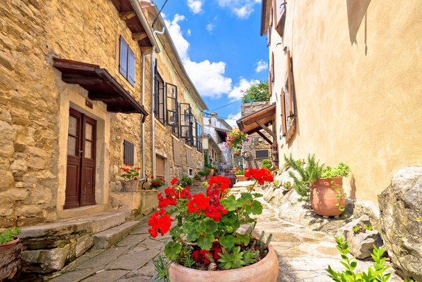Ciudad de Hum colorida calle de piedra vieja, región de Istria de Croati - Foto, Imagen