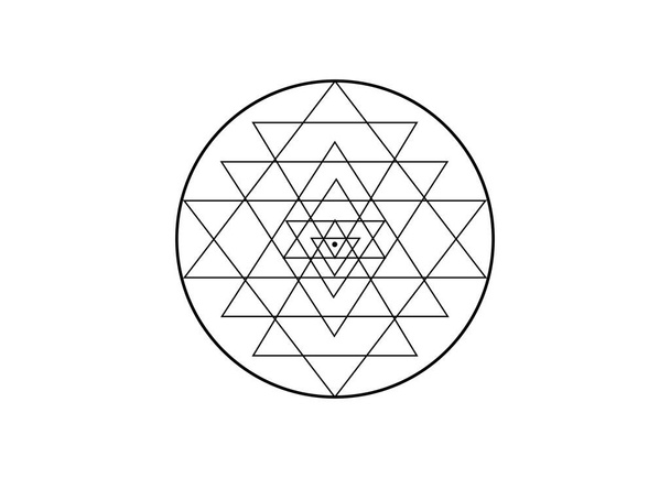 Srí Yantra, posvátná geometrie, symbol hinduistické tantry tvořené devíti vzájemně propojenými trojúhelníky, které vyzařují z centrálního bodu. Alchymie Mandala čára výtvarné znamení, vektor izolovaný na bílém pozadí - Vektor, obrázek