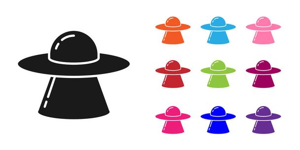 Icona dell'astronave volante UFO nera isolata su sfondo bianco. Piattino volante. Nave spaziale aliena. Futuristico oggetto volante sconosciuto. Set icone colorate. Vettore. - Vettoriali, immagini