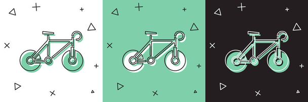 Conjunto icono de la bicicleta aislado en blanco y verde, fondo negro. Carrera de bicicletas. Deporte extremo. Equipamiento deportivo. Vector. - Vector, imagen