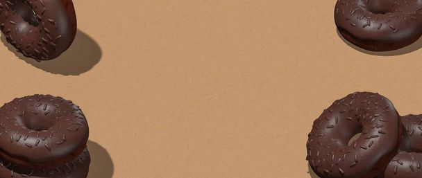 Minimales Design. 3D-Rendering SchokoladenDonuts in Isometrie beige Raum. Banner. Restaurant, Konditorei, Essensausgabe Konzeptkunst. Donuts-Liebhaber - Foto, Bild