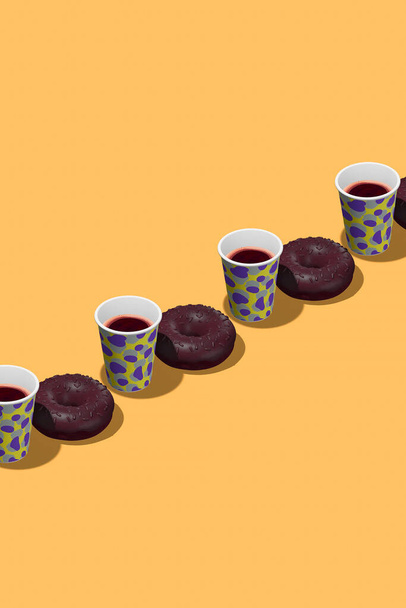Minimale voedselgeometrie in detail. 3D maken ontwerp chocolade donuts en koffiebeker in isometrie gele ruimte. Restaurant, bakkerij, snoepwinkel, food delivery concept art. Choco ontbijt liefhebber. - Foto, afbeelding