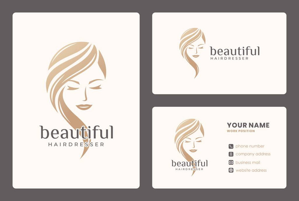 エレガントな美容室、美容室、名刺テンプレート付き女性の顔のロゴデザイン. - ベクター画像