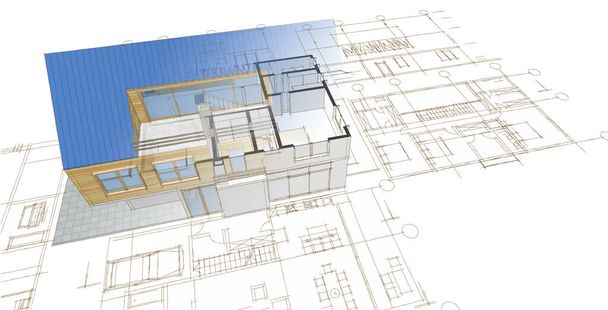 現代住宅建築プロジェクトスケッチ3Dイラスト - 写真・画像