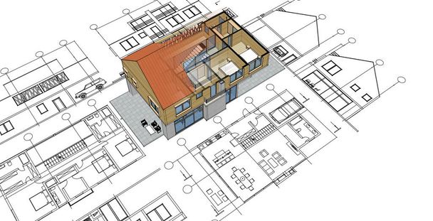 nowoczesny dom projekt architektoniczny szkic 3d ilustracja - Zdjęcie, obraz