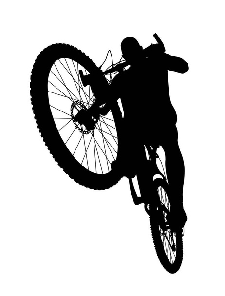 Silhouet van fietser springen op de fiets geïsoleerd op een witte achtergrond. - Foto, afbeelding