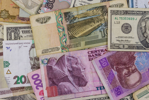 米ドル、ロシアルーブル、ベラルーシルーブル、エジプトポンド、ウクライナ・リビアの多通貨背景 - 写真・画像