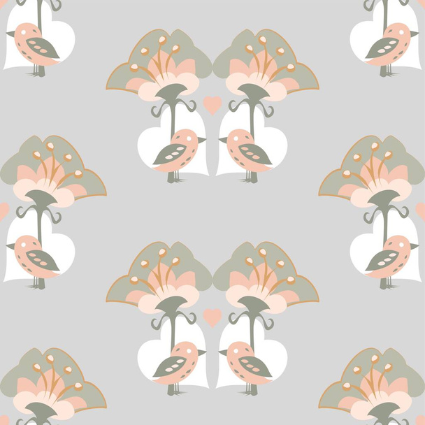 Повторяя вектор бесшовные милые птицы и деревья рисунок в сером и розовом с белыми сердцами на заднем плане - Вектор,изображение