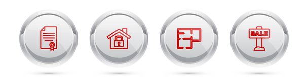 Set lijn Huiscontract, onder bescherming, plan en opknoping teken met Verkoop. Zilveren cirkel knop. Vector - Vector, afbeelding