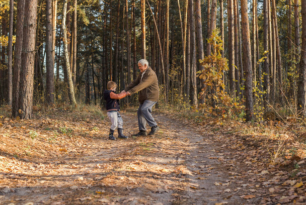 Happy child with Grandfather playing at the forest. Grandpa retiree. Retirement parent. Portrait of pensive senior man  and his grandson. Senior man having fun with his grandchild outdoor. - Photo, Image