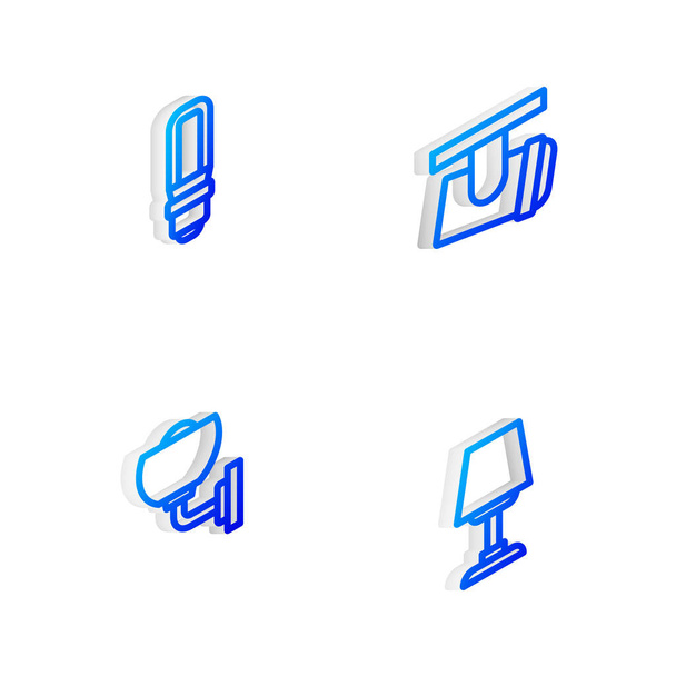 Set Isométrica línea Led luces de seguimiento y lámparas, bombilla led, pared o aplique y el icono de la mesa. Vector - Vector, Imagen