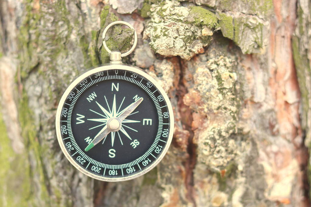 Классический навигационный компас на естественном фоне как символ туризма с компасом, путешествия с компасом и активного отдыха с компасом - Фото, изображение
