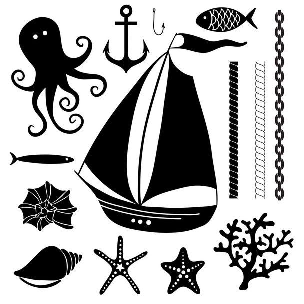 Silhouette Sea - Hand drawn set of sea symbols - Vector, Image