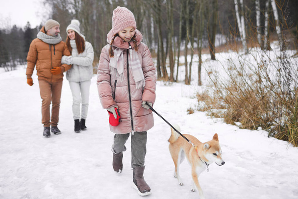 Teljes hosszúságú portré vidám tizenéves lány sétáló kutya pórázon szabadban télen, miközben élvezi a természet a családdal, másolás tér - Fotó, kép