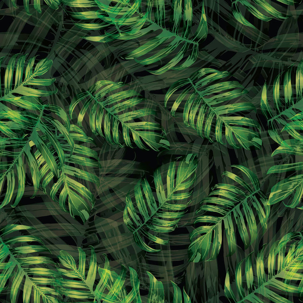 Palm Monstera nahtloses Muster. Green Black Tropical Summer Hintergrund. Beach Jungle Leaves für Bademoden-Design. Lei Rapport. Vintage Hawaiian Print. Tropische Textiltextur. Botanische Fliese. - Vektor, Bild