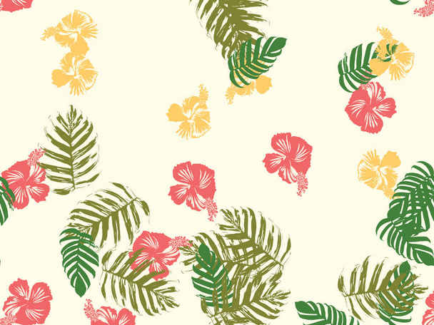 熱帯の背景。緑、ピンク、赤、黄色のモンスター、ハイビスカス、ヤシのベクトル要素。ハワイのエキゾチックなカバーテンプレート。夏の植物の背景。熱帯の花ジャングルのテクスチャとヴィンテージプリント. - ベクター画像