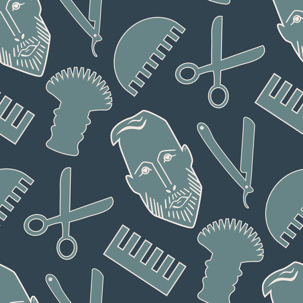 Male face and barber tools seamless vector pattern background. Blue backdrop with head of a bearded man, comb, scissors, shaving brush, razor. Hipster repeat for male self care, wellness, hairdressing - Vector, Image