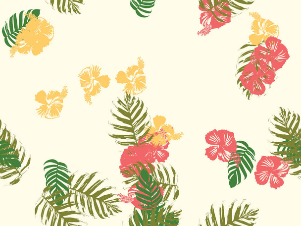 熱帯の背景。緑、ピンク、赤、黄色のモンスター、ハイビスカス、ヤシのベクトル要素。ハワイのエキゾチックなカバーテンプレート。夏の植物の背景。熱帯の花ジャングルのテクスチャとヴィンテージプリント. - ベクター画像