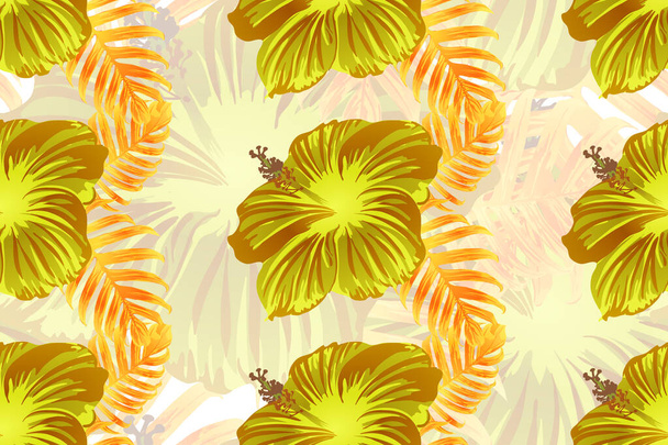 Tropikalny wzór. Pomarańczowy zielony egzotyczne lato wektor tło. Piękno fasion monstera, liście palmowe i hibiskus kwiaty. Hawajska tropikalna dżungla niekończący się odcisk. Naturalne projektowanie strojów kąpielowych. - Wektor, obraz