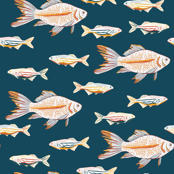 Vector hand drawn sardines and gold fishes seamless pattern print background. - Vector, Image