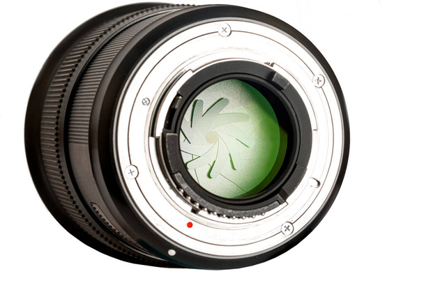 back of a photo lens with a visible aperture on a white background - Photo, Image