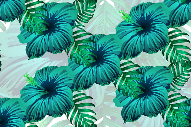 Tropical pattern. Green blue exotic summer flower vector background. Beauty fasion monstera, palm leaves and hibiscus flowers. Hawaiian tropic jungle endless print. Natural swimwear design. - Vector, Image