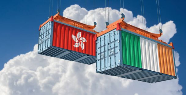 Nákladní kontejnery s vlajkou Hongkongu a Irska. 3D vykreslování  - Fotografie, Obrázek