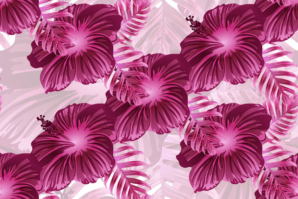 Тропічний візерунок. Червоний рожевий пурпуровий екзотичний літній квітковий фон. Красуня Фасіон Монстера, пальмове листя і квітки гібіска. Гавайські тропічні джунглі безконечно друкують. Природний дизайн купальників. - Вектор, зображення