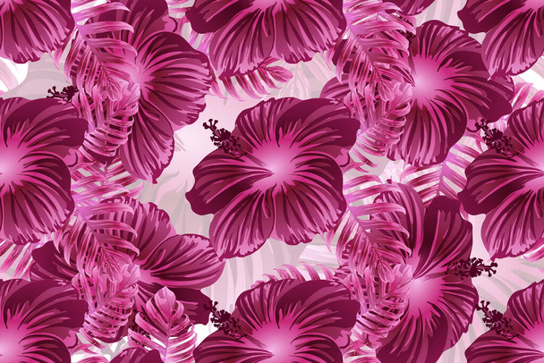 Tropical pattern. Red pink magenta exotic summer flower vector background. Beauty fasion monstera, palm leaves and hibiscus flowers. Hawaiian tropic jungle endless print. Natural swimwear design. - Vector, Image
