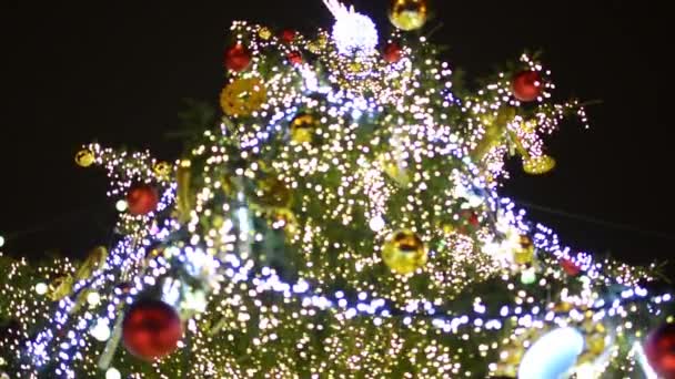 Kerstboom in nacht - grote boom op de straat van het plafond - wazig (ongericht) - Video