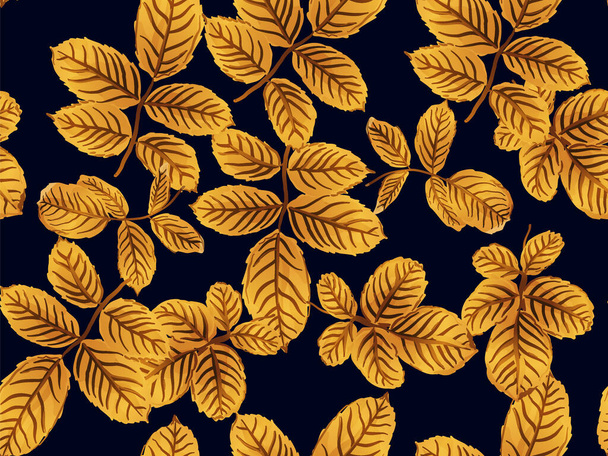 Summer Textile Design. Yellow Gold Painted English Rose Leaf Patterns Collection. Romantic Botanical Vector Background. Rose Leaves Seamless Pattern. Repeated Spring Peony Wallpaper. - Vector, Image
