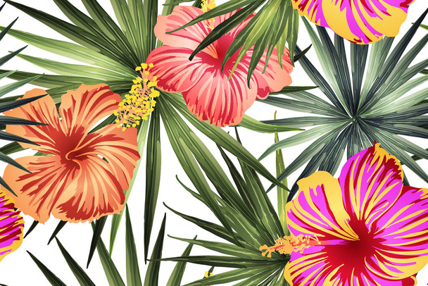 緑の赤いエキゾチックなパターン。モンステラとハイビスカスの花熱帯花束。ハワイのTシャツと水着のタイル。水平カリフォルニアの自然なテクスチャデザイン。ボニー春の植物デザイン. - ベクター画像