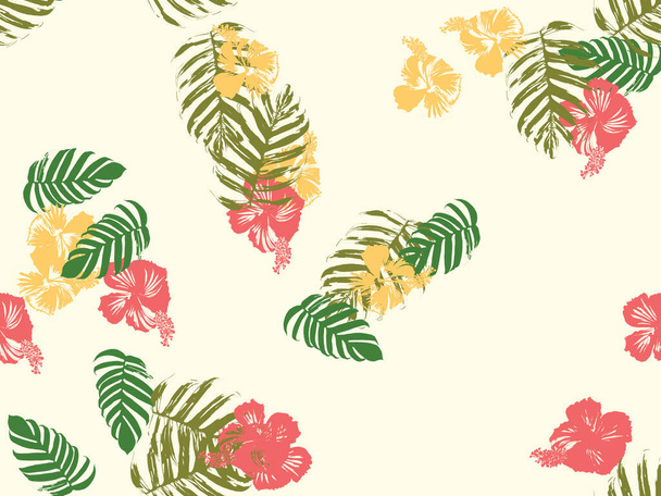 Tropical background. Green, pink, red, yellow monstera, hibiscus, palm vector elements. Hawaiian exotic cover template. Summer botanical backdrop. Vintage print with tropic floral jungle texture. - Vector, Image