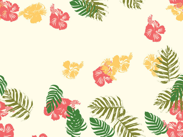 Trópusi háttér. Zöld, rózsaszín, piros, sárga szörny, hibiszkusz, tenyérvektor elemek. Hawaii egzotikus borító sablon. Nyári botanikai háttér. Vintage nyomat trópusi virágos dzsungel textúrával. - Vektor, kép