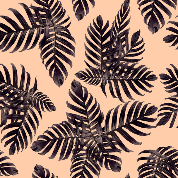 パームモンステラのシームレスなパターン。オレンジブラック熱帯夏の背景。水着デザインのためのビーチジャングルの葉。レイ・レポート。ヴィンテージ・ハワイアン・プリント。エキゾチックなテクスチャ。植物性タイル. - ベクター画像