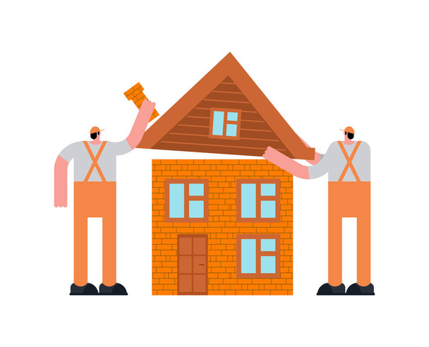 Bauarbeiter bauen Haus Karikatur. Illustration für Entwickler - Vektor, Bild