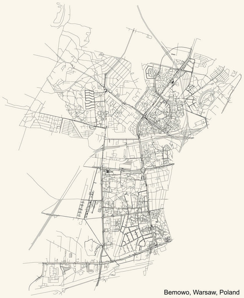 Preto simples mapa detalhado de estradas de rua no fundo bege vintage do bairro Bemowo distrito de Varsóvia, Polônia - Vetor, Imagem