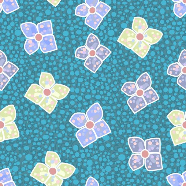 Повторюваний векторний безшовний квітковий візерунок у бузковому та кремовому кольорах, розкиданий на синьому точковому фоні дощу
 - Вектор, зображення