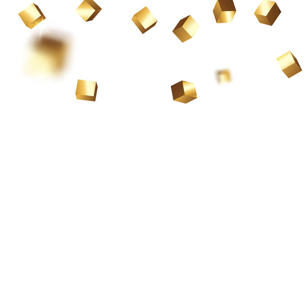 幾何学的記念日カード。混沌としたConfettiの背景。フォイル・ボーダー。メタリックテクスチャの誕生日カード。ベクトル・スクエア・ボーク。虹色の背景。金のコンフェッティ。分離された黄金のキューブ粒子. - ベクター画像