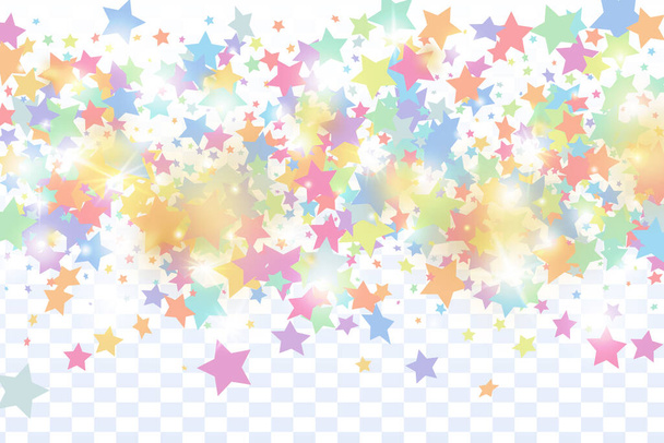 Confeitaria estrela multicolorida isolado em fundo transparente. A voar partículas brilhantes de brilho. Vetor de férias confete colorido. Fundo de festa de aniversário. Modelo de cartão de Natal - Vetor, Imagem