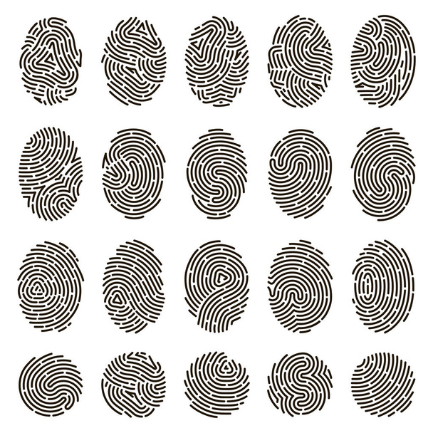 Ujjlenyomat azonosítás. Biometrikus emberi ujjlenyomat, egyedi hüvelykujj lenyomat. Biztonsági ujjlenyomat-hitelesítési vektor illusztrációs készlete - Vektor, kép