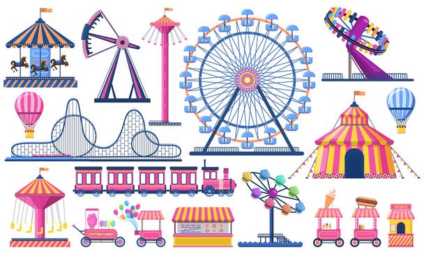 Parc d'attractions. Tente de festival de cirque, montagnes russes, train, roue ferris et carrousel de carnaval. Ensemble d'illustration vectorielle de parc de divertissement pour enfants - Vecteur, image